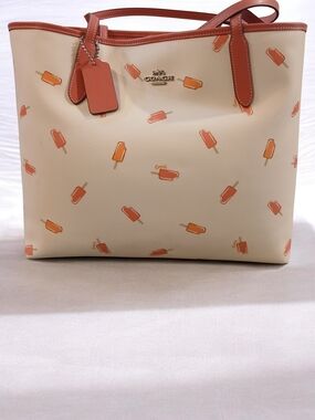 Coach Cream Tote with Orange Popsicle Print and Tan Trim